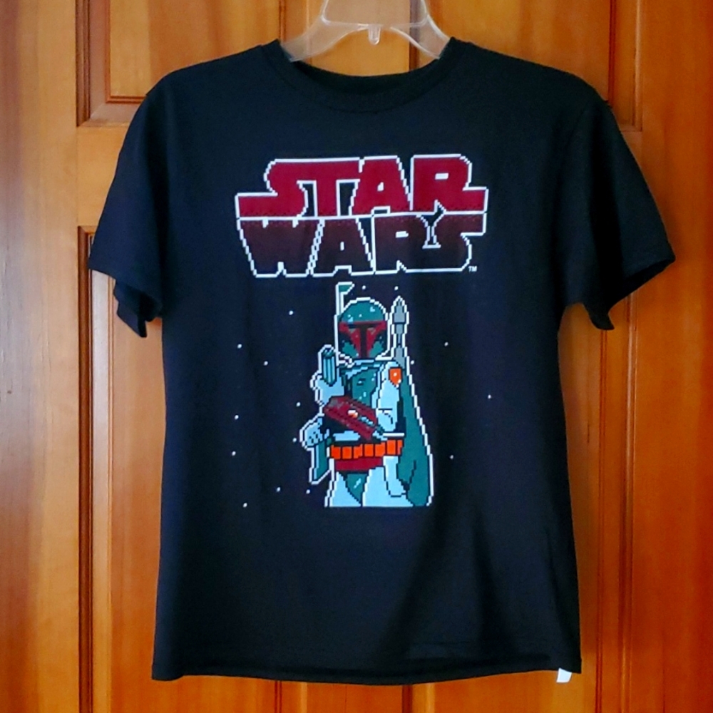 Star Wars Boba Fett Pixelated Short Sleeve Boys Black‎ Shirt Size Large